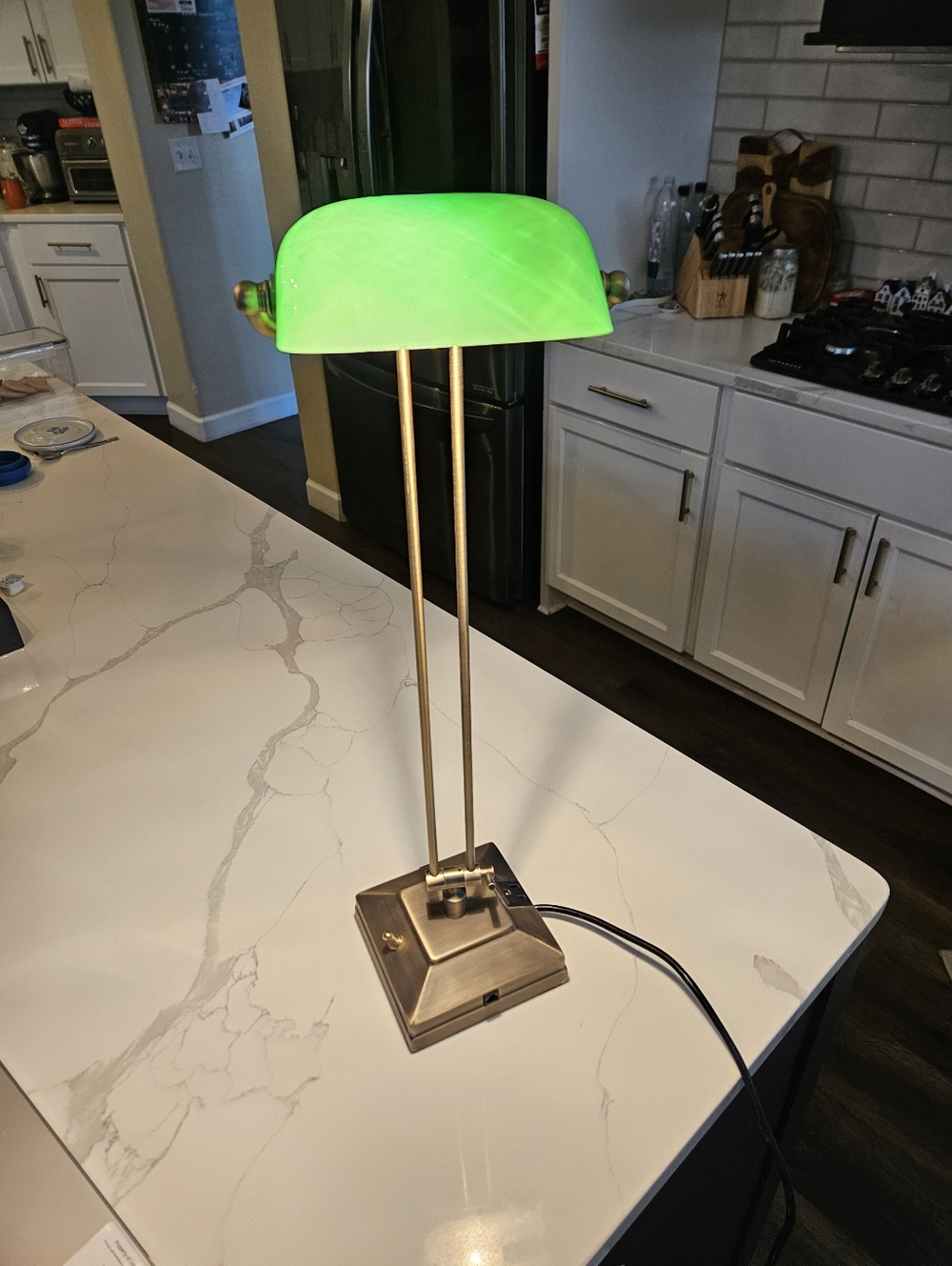 Unique Green Glass Banker-Style Desk Lamp with Brass Finish